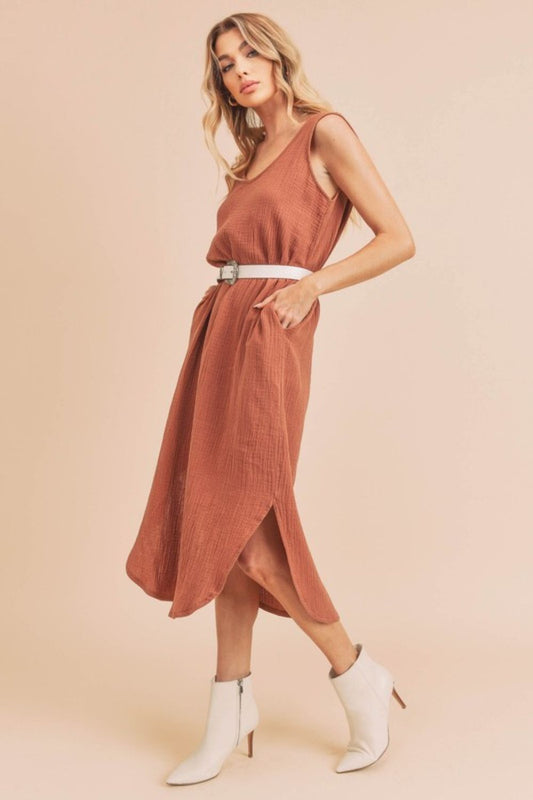 Round Neck Midi Tank Dress with pockets in terracotta