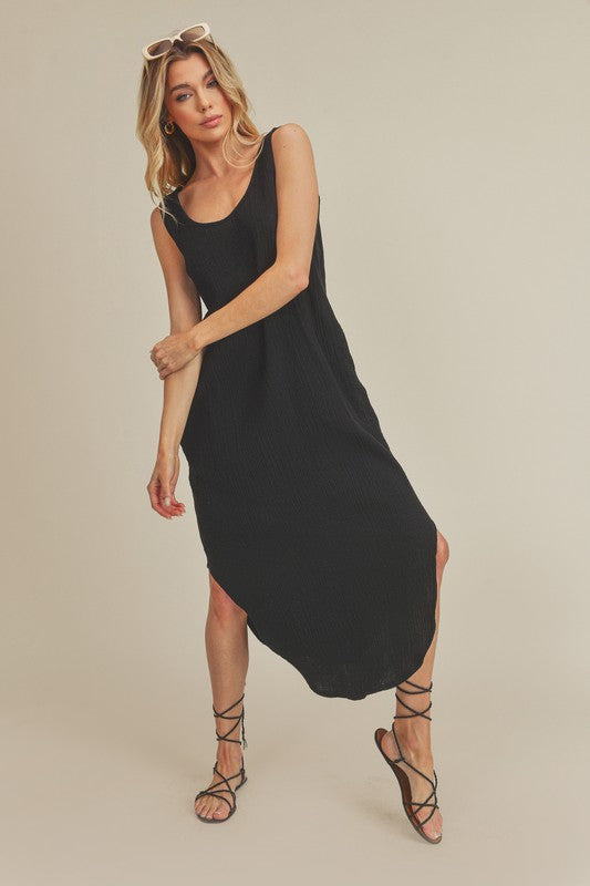 Round Neck Midi Tank Dress with pockets in Black