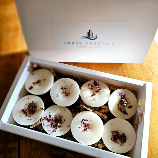 White box holding eight dome waxmelts topped with dried botanicals 