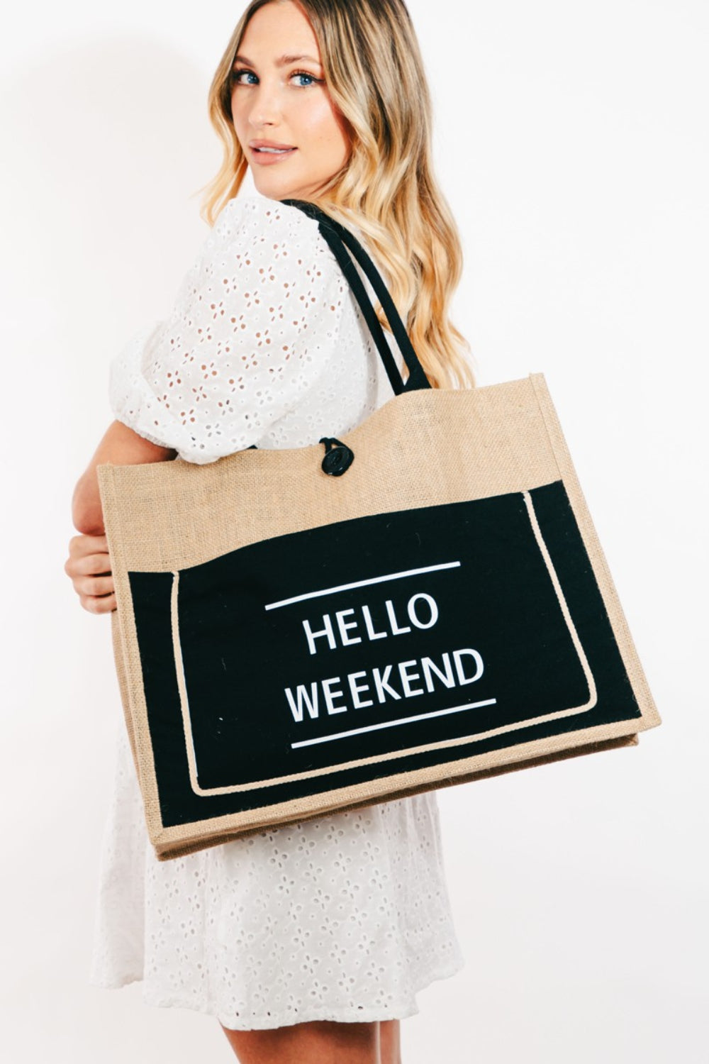 Fame Hello Weekend Burlap Tote Bag in Black 