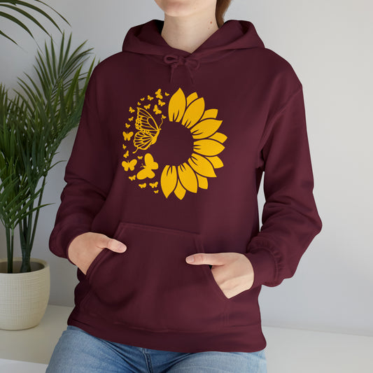 Sunflower and Butterfly Hoodie available in multiple sizes and colors.