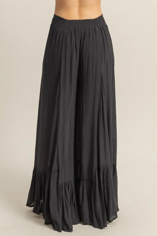High Waist Ruffle Flared Wide Leg Pants in Black 