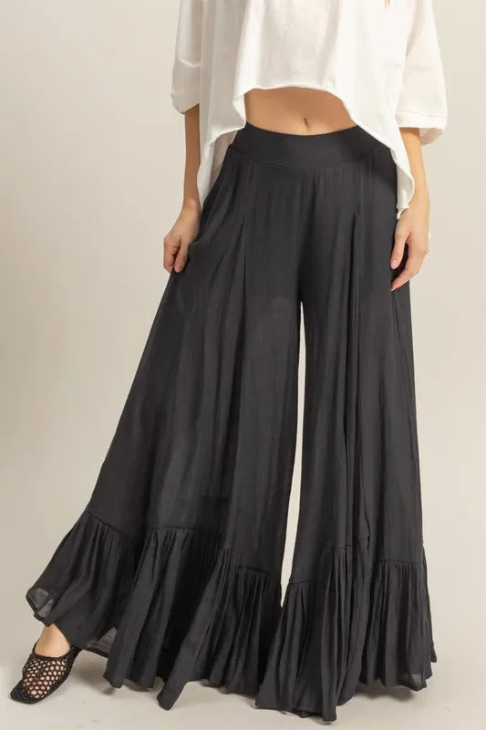 High Waist Ruffle Flared Wide Leg Pants in Black 