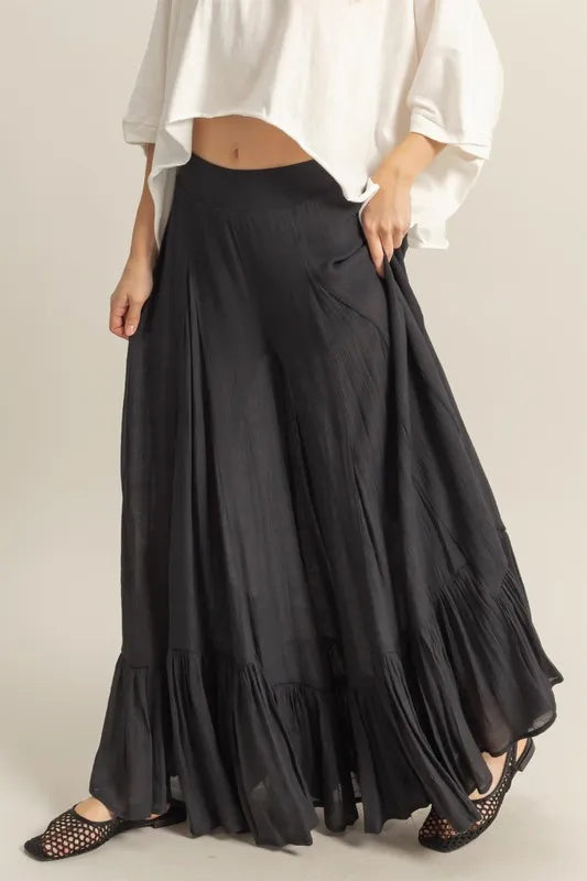 High Waist Ruffle Flared Wide Leg Pants in Black 