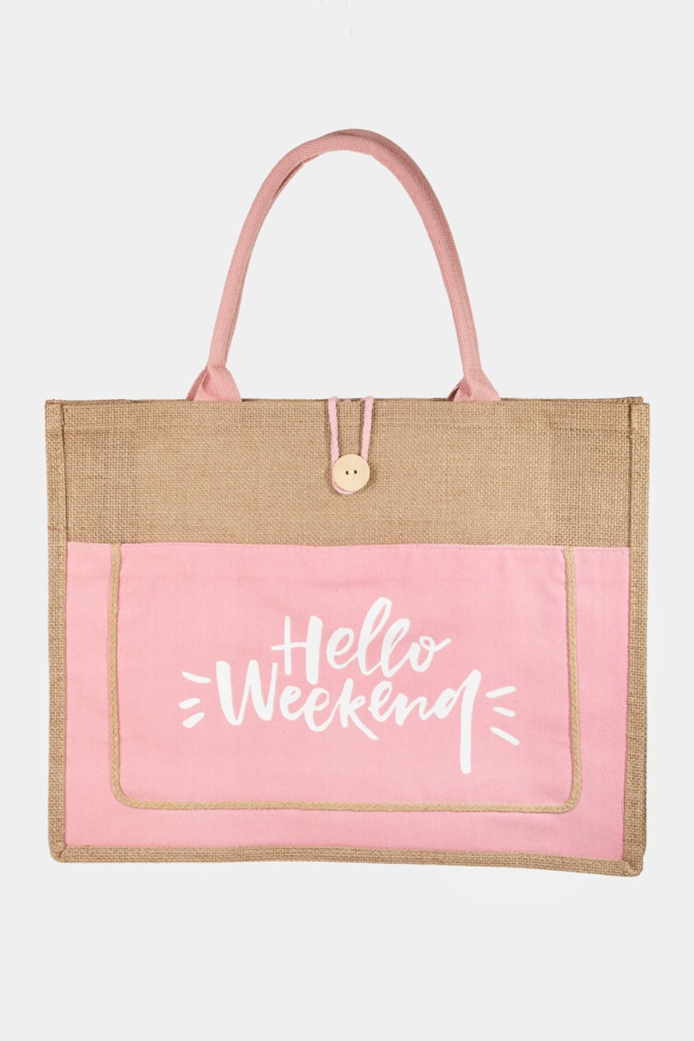 Fame Hello Weekend Burlap Tote Bag pink