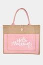Fame Hello Weekend Burlap Tote Bag pink