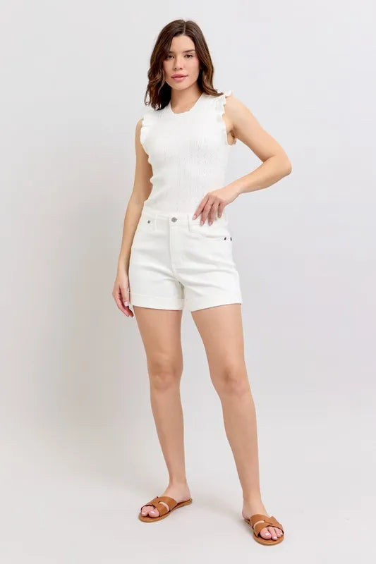 The high waist double roll cuff denim shorts offer a modern and stylish twist on a classic favorite. Featuring a flattering high-rise fit and double roll cuff detailing, these shorts are perfect for a chic and casual look.