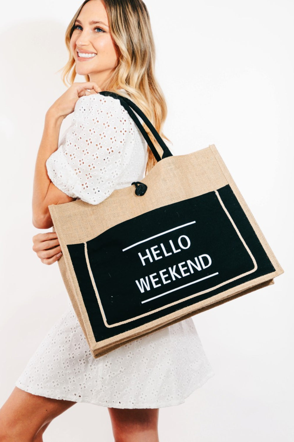 Fame Hello Weekend Burlap Tote Bag black