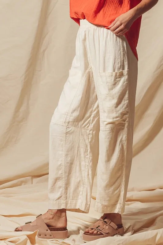 Made from a blend of cotton and linen, these natural color pants offer a breathable and textured fabric that is perfect for casual wear. The slouchy fit and wide legs provide a relaxed and trendy look.