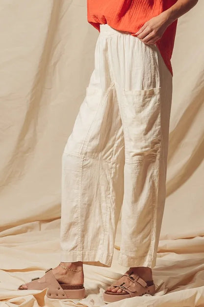 Made from a blend of cotton and linen, these natural color pants offer a breathable and textured fabric that is perfect for casual wear. The slouchy fit and wide legs provide a relaxed and trendy look.