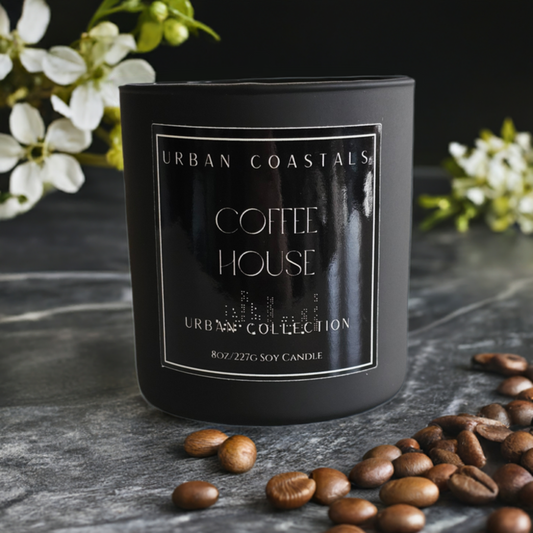 8oz Coffee scented soy candle, black matte jar, bamboo lid