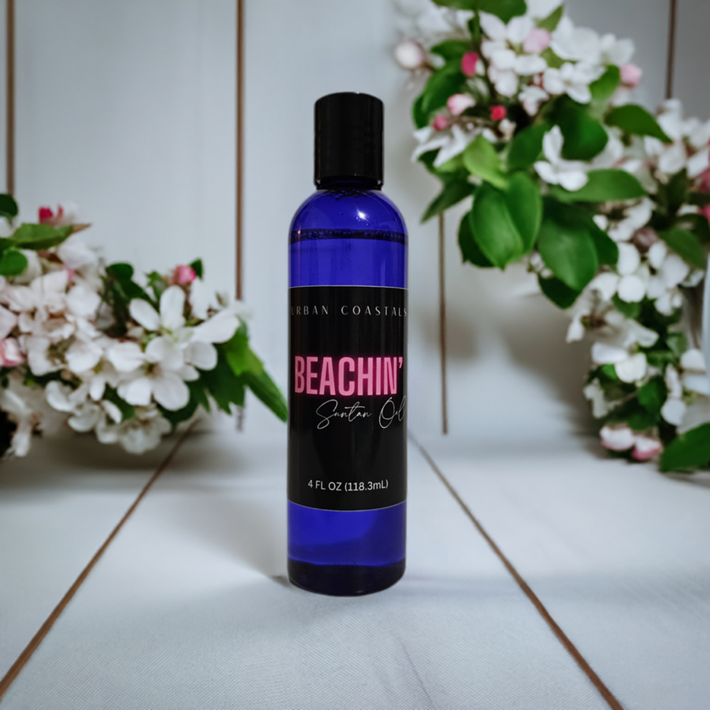 4oz blue bottle with suntan oil made from baby oil and glycerin
