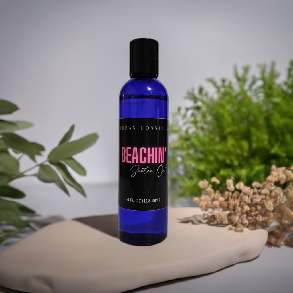 4oz blue bottle with suntan oil made from baby oil and glycerin