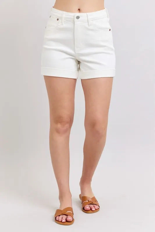 The high waist double roll cuff denim shorts offer a modern and stylish twist on a classic favorite. Featuring a flattering high-rise fit and double roll cuff detailing, these shorts are perfect for a chic and casual look.