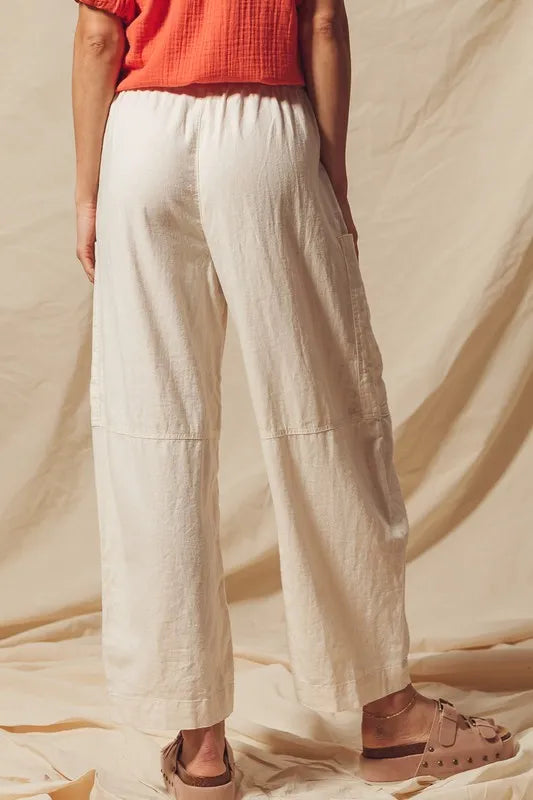 Made from a blend of cotton and linen, these natural color pants offer a breathable and textured fabric that is perfect for casual wear. The slouchy fit and wide legs provide a relaxed and trendy look.