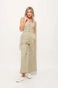 The Square Neck Button Down Cropped Wide-leg Sage Jumpsuit is a stylish and versatile one-piece outfit with a square neckline, button-down front, and wide-leg cropped pants.